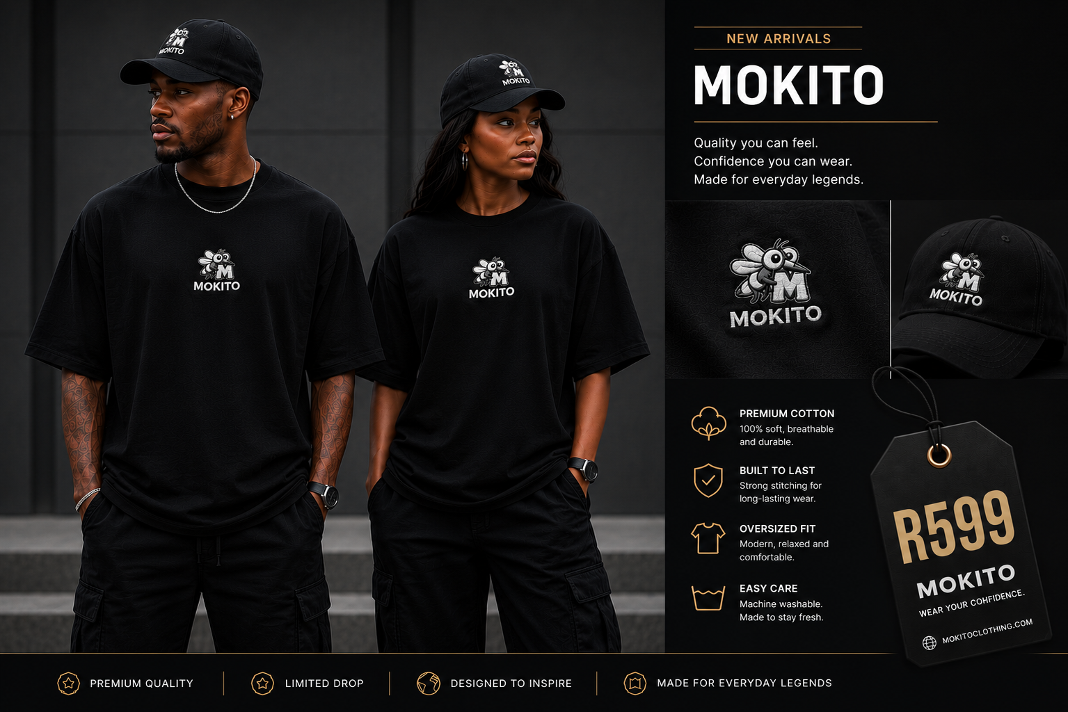 MOKITO Limited Drop — black tee and cap set